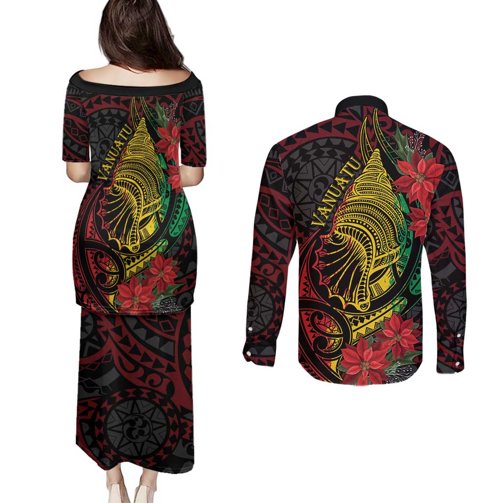Vanuatu Meri Krismas Couples Matching Puletasi and Long Sleeve Button Shirt Conch Shell Tribal Art LT7 - Polynesian Pride