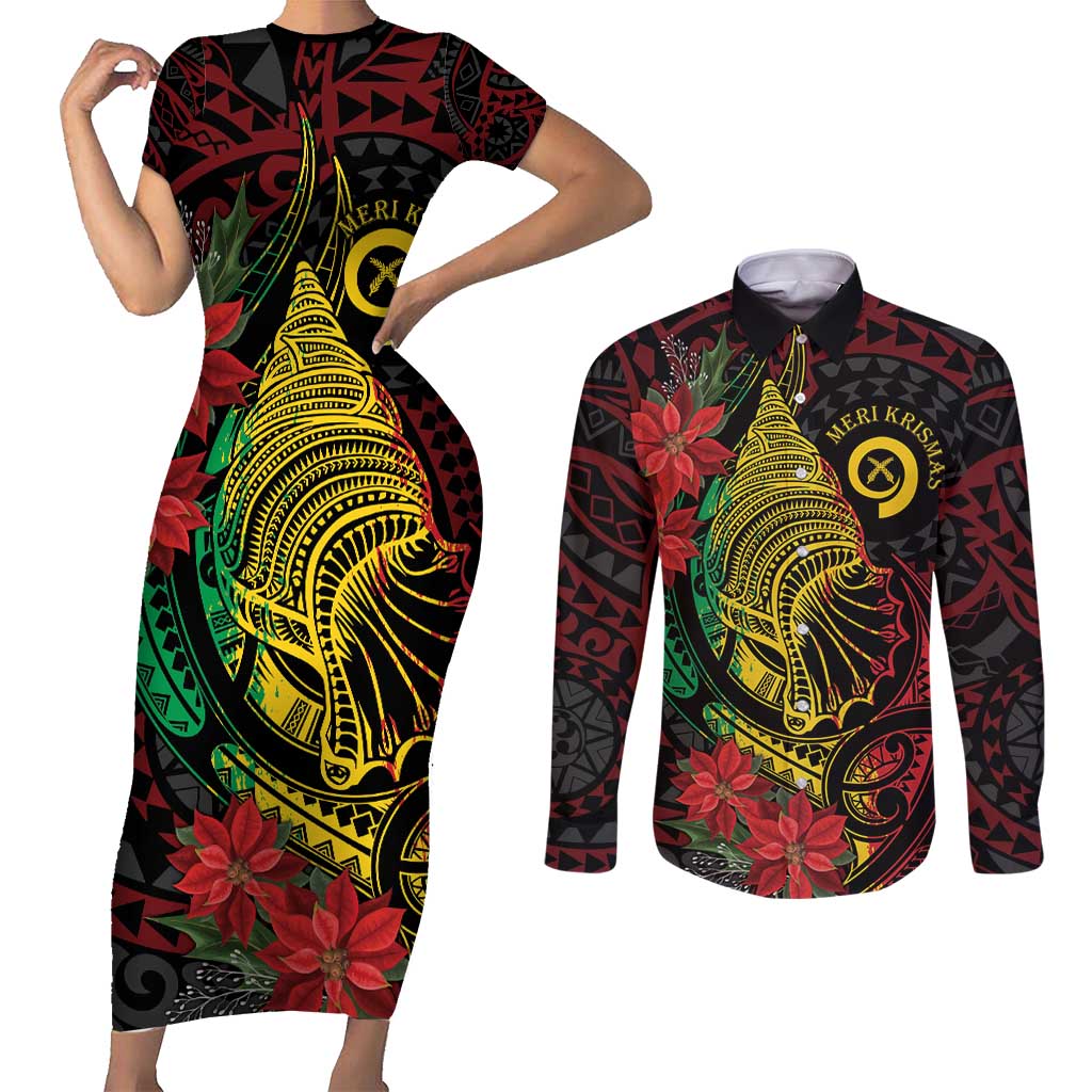 Vanuatu Meri Krismas Couples Matching Short Sleeve Bodycon Dress and Long Sleeve Button Shirt Conch Shell Tribal Art