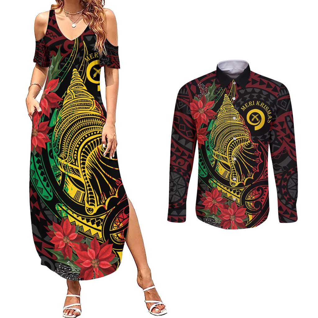 Vanuatu Meri Krismas Couples Matching Summer Maxi Dress and Long Sleeve Button Shirt Conch Shell Tribal Art LT7 Art - Polynesian Pride