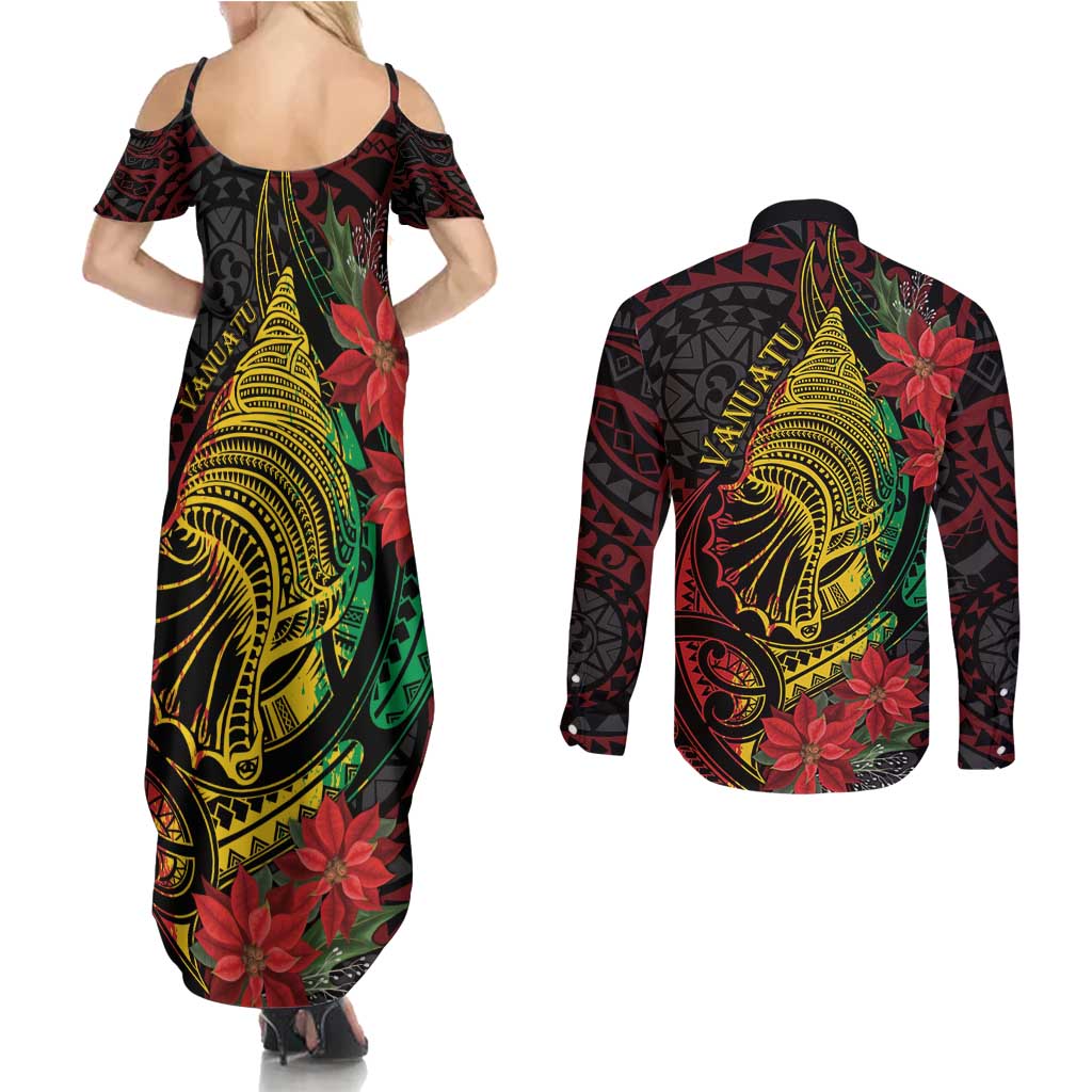 Vanuatu Meri Krismas Couples Matching Summer Maxi Dress and Long Sleeve Button Shirt Conch Shell Tribal Art LT7 - Polynesian Pride