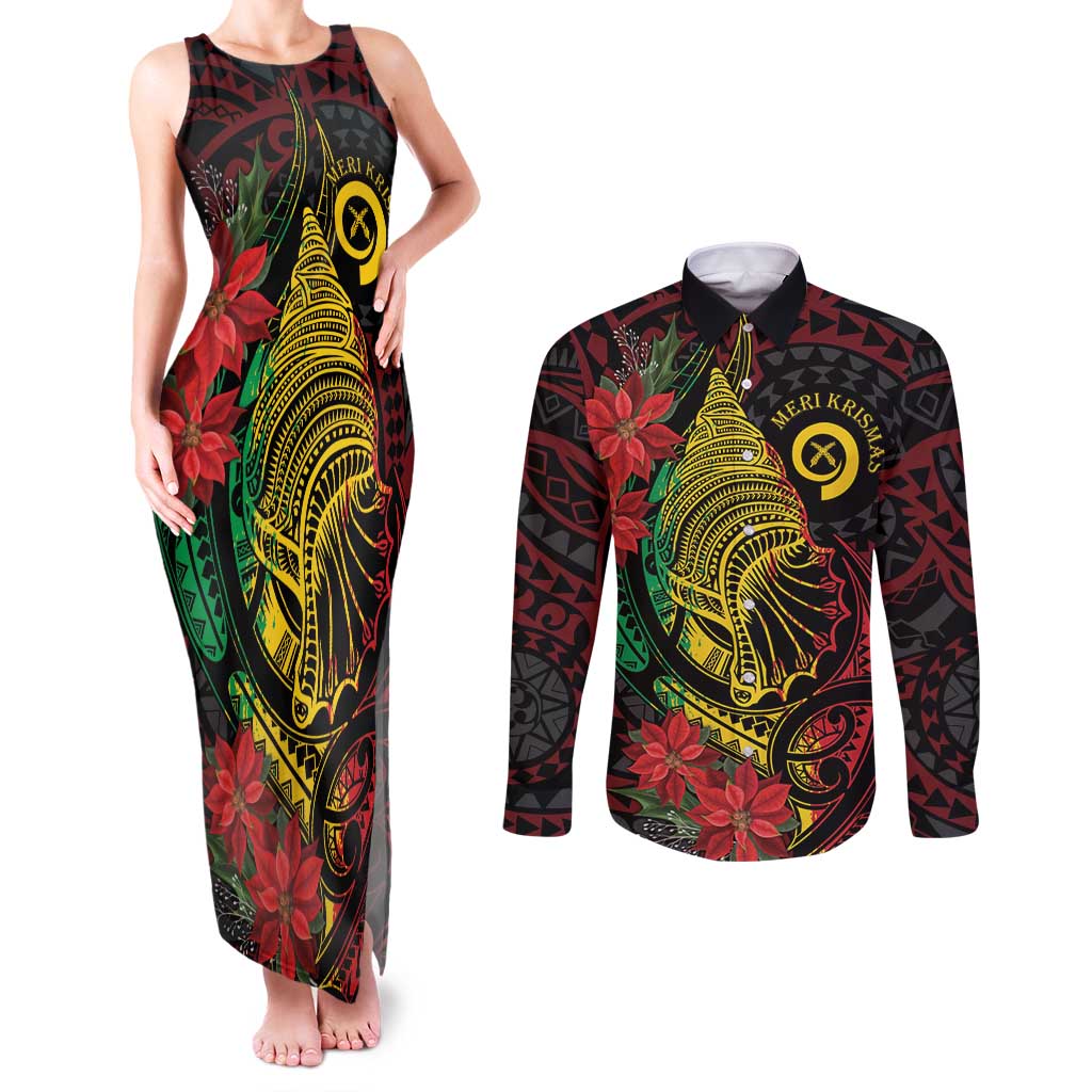 Vanuatu Meri Krismas Couples Matching Tank Maxi Dress and Long Sleeve Button Shirt Conch Shell Tribal Art LT7 Art - Polynesian Pride