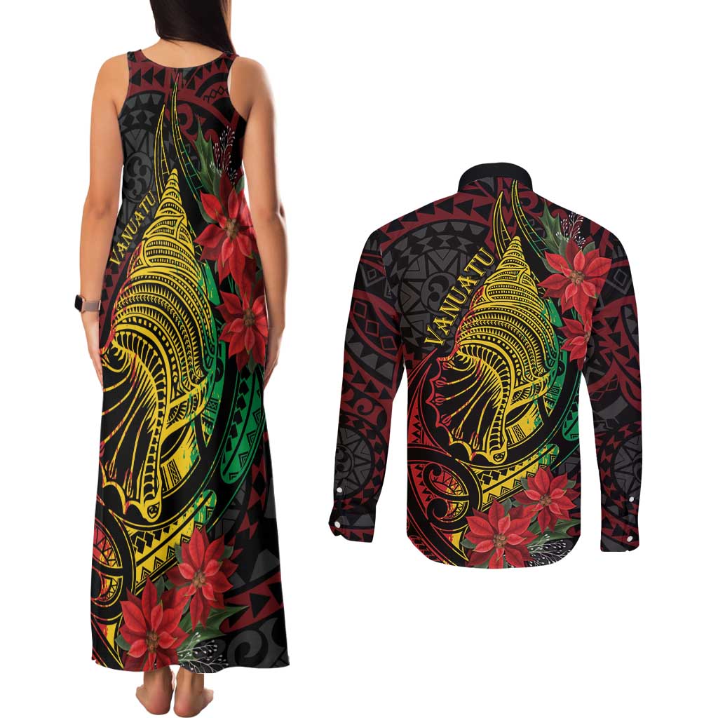Vanuatu Meri Krismas Couples Matching Tank Maxi Dress and Long Sleeve Button Shirt Conch Shell Tribal Art LT7 - Polynesian Pride