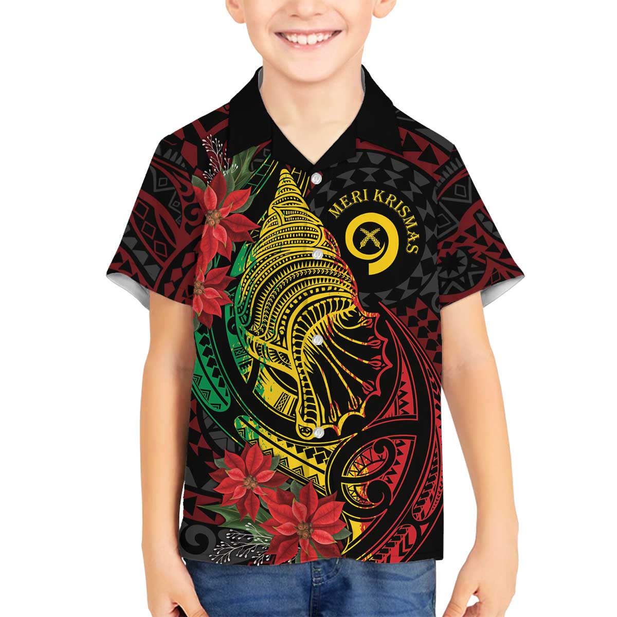 Vanuatu Meri Krismas Family Matching Off The Shoulder Long Sleeve Dress and Hawaiian Shirt Conch Shell Tribal Art