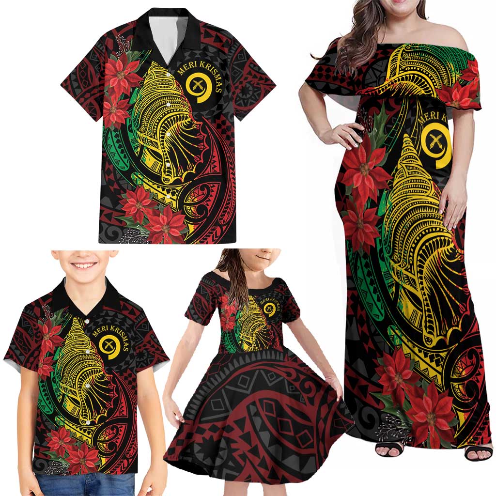 Vanuatu Meri Krismas Family Matching Off Shoulder Maxi Dress and Hawaiian Shirt Conch Shell Tribal Art