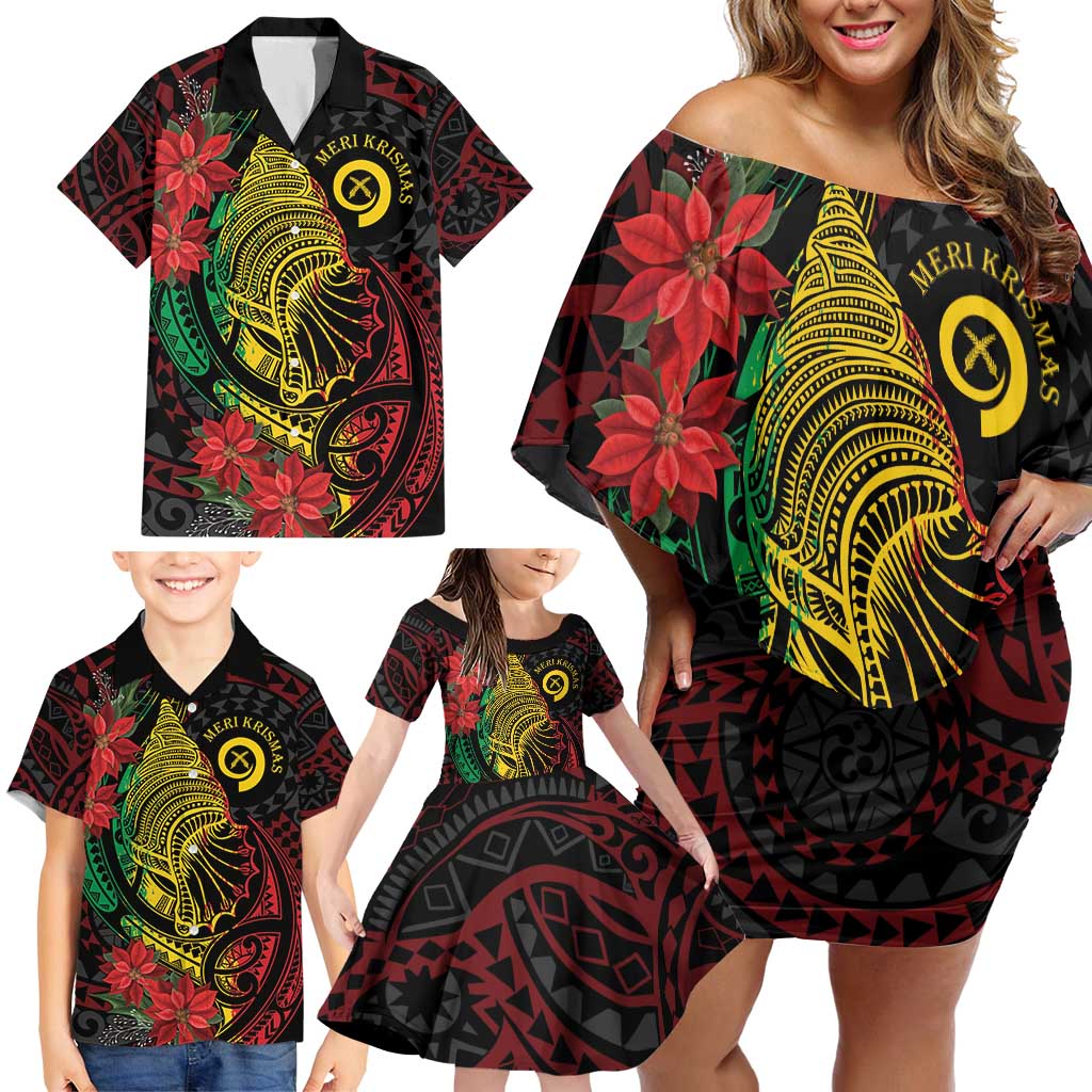 Vanuatu Meri Krismas Family Matching Off Shoulder Short Dress and Hawaiian Shirt Conch Shell Tribal Art