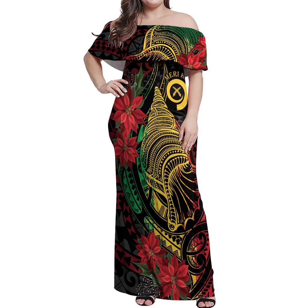 Vanuatu Meri Krismas Off Shoulder Maxi Dress Conch Shell Tribal Art