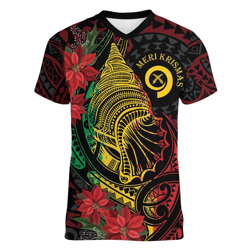 Vanuatu Meri Krismas Women V-Neck T-Shirt Conch Shell Tribal Art