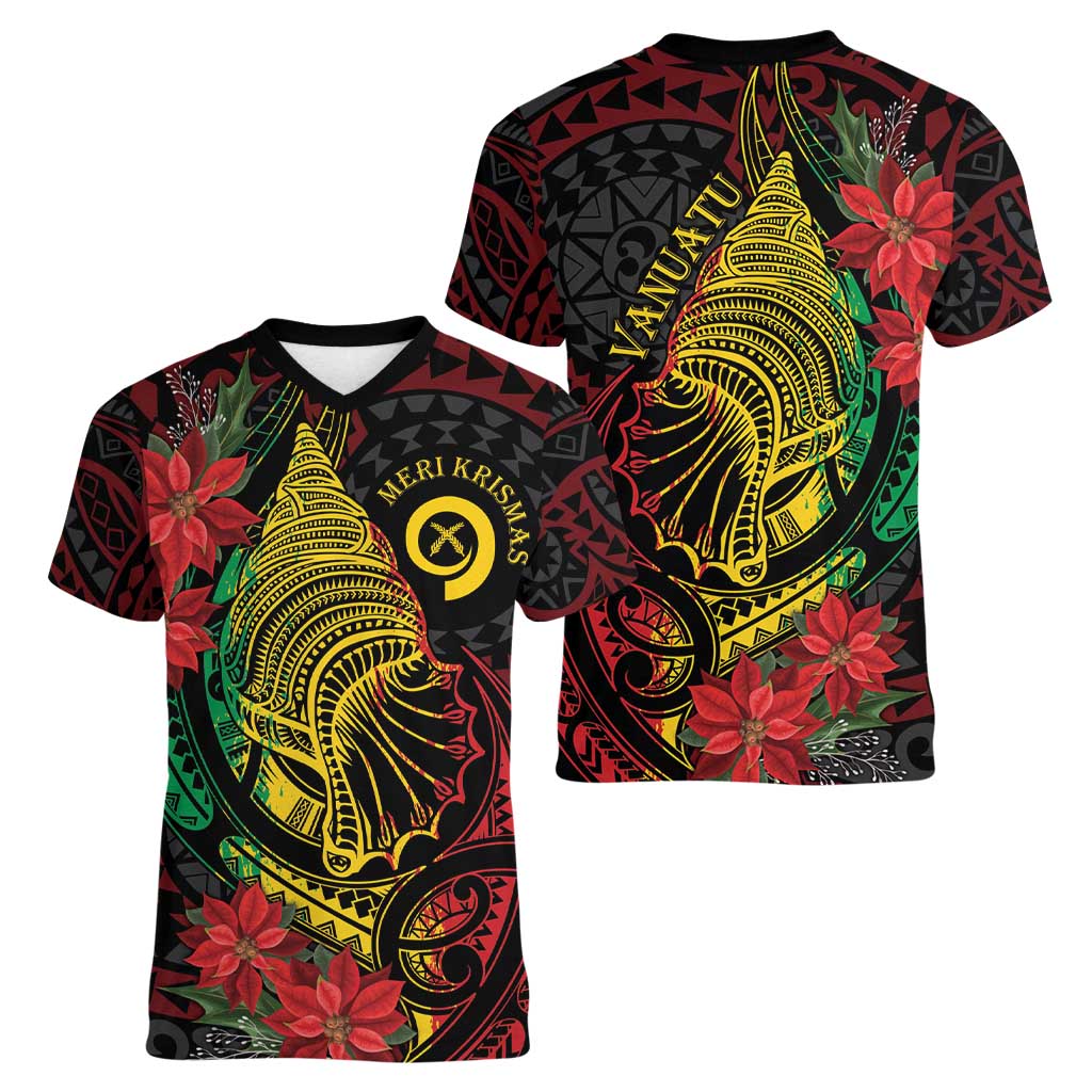 Vanuatu Meri Krismas Women V-Neck T-Shirt Conch Shell Tribal Art LT7 - Polynesian Pride