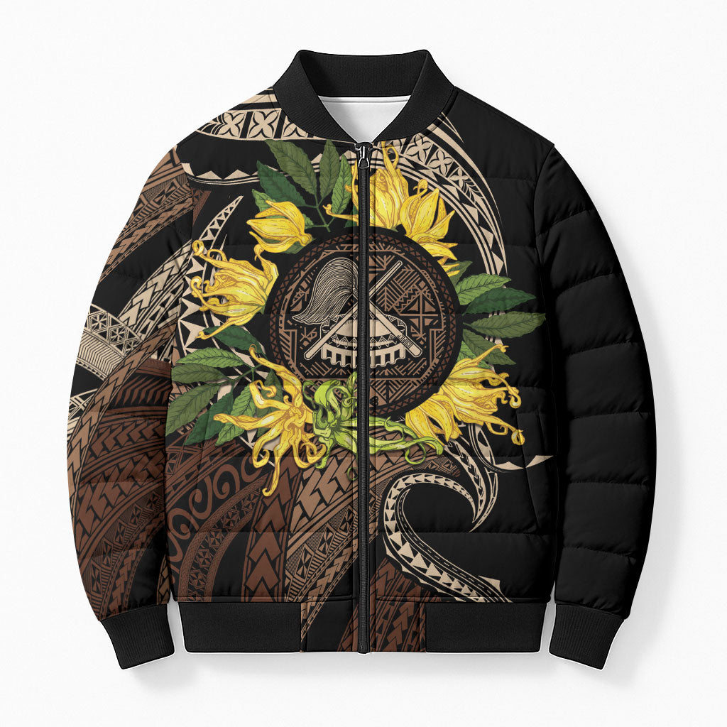 Samoa Moso'oi Flowers Tatau Bomber Puffer Jacket Festive Tapa Brown LT7 Unisex Brown - Polynesian Pride