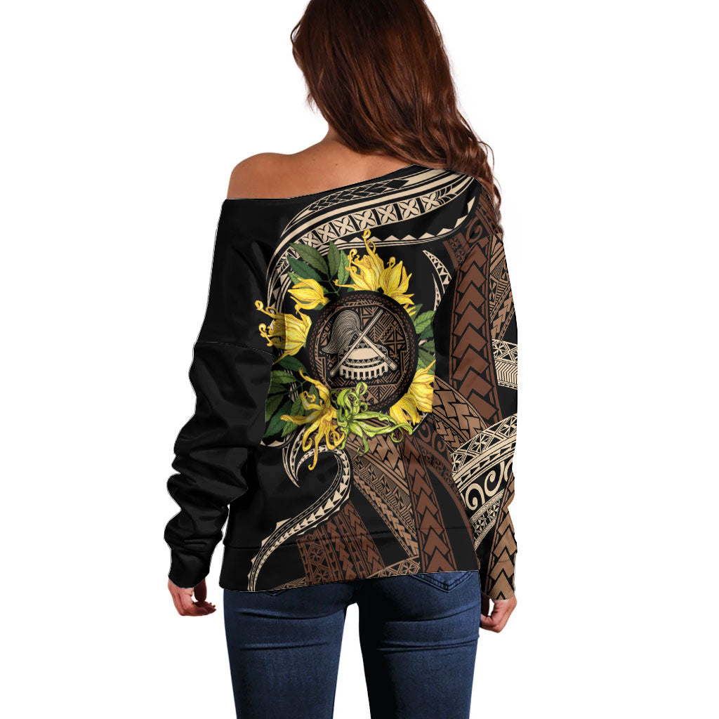 Samoa Moso'oi Flowers Tatau Off Shoulder Sweater Festive Tapa Brown LT7 - Polynesian Pride