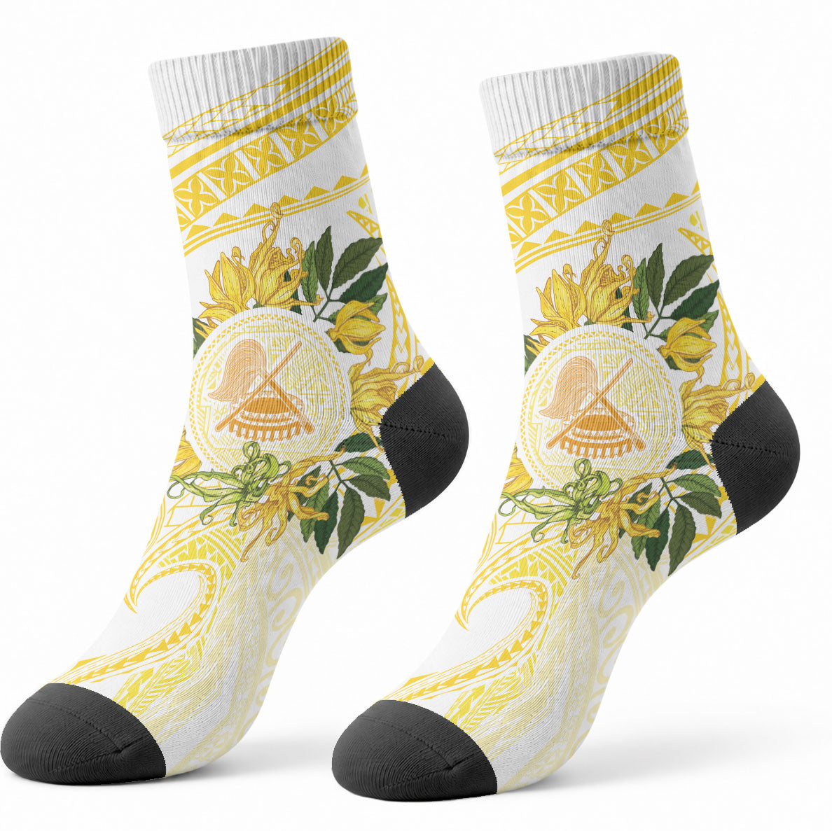 Samoa Moso'oi Flowers Tatau Crew Socks Festive Golden White LT7 - Polynesian Pride