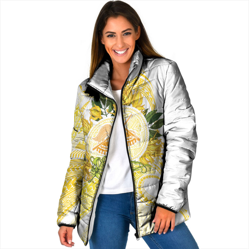 Samoa Moso'oi Flowers Tatau Padded Jacket Festive Golden White LT7 Women Gold - Polynesian Pride