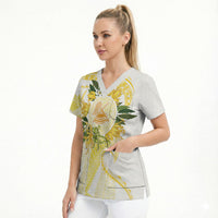 Samoa Moso'oi Flowers Tatau Scrub Top Festive Golden White LT7 - Polynesian Pride