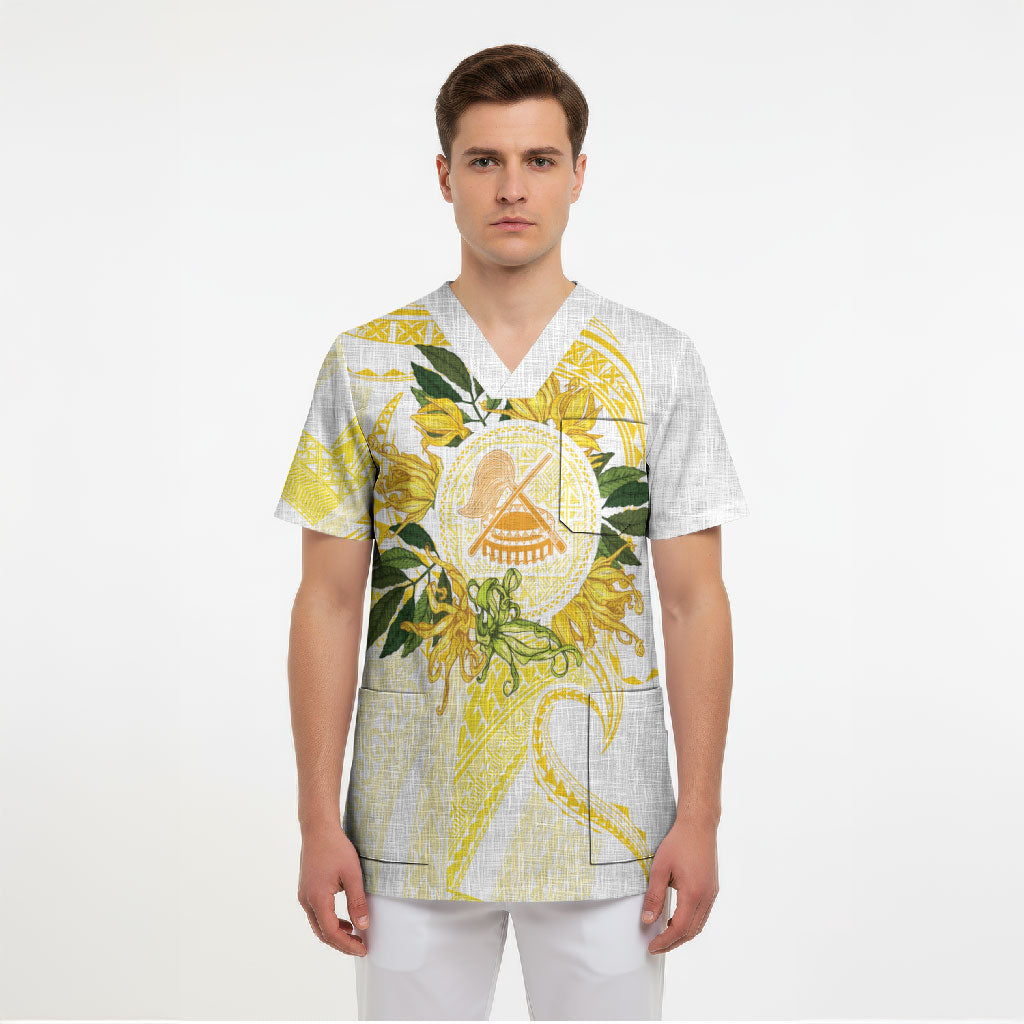 Samoa Moso'oi Flowers Tatau Scrub Top Festive Golden White LT7 - Polynesian Pride