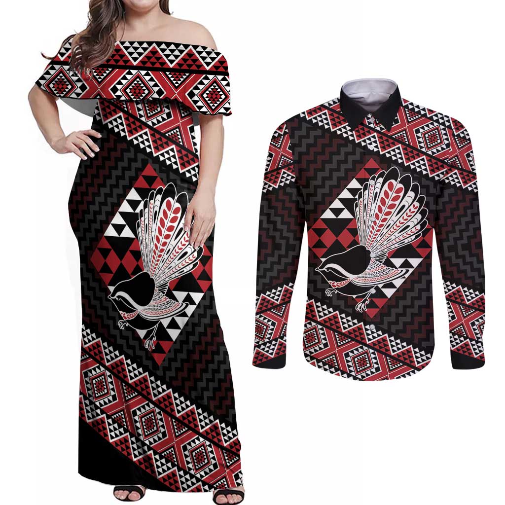 Taniko Aotearoa Couples Matching Off Shoulder Maxi Dress and Long Sleeve Button Shirt Poutama Mix Piwakawaka LT7 Red - Polynesian Pride