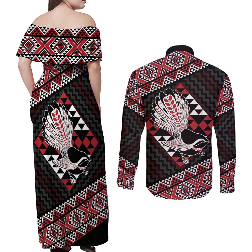 Taniko Aotearoa Couples Matching Off Shoulder Maxi Dress and Long Sleeve Button Shirt Poutama Mix Piwakawaka LT7 - Polynesian Pride