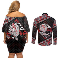 Taniko Aotearoa Couples Matching Off Shoulder Short Dress and Long Sleeve Button Shirt Poutama Mix Piwakawaka LT7 - Polynesian Pride