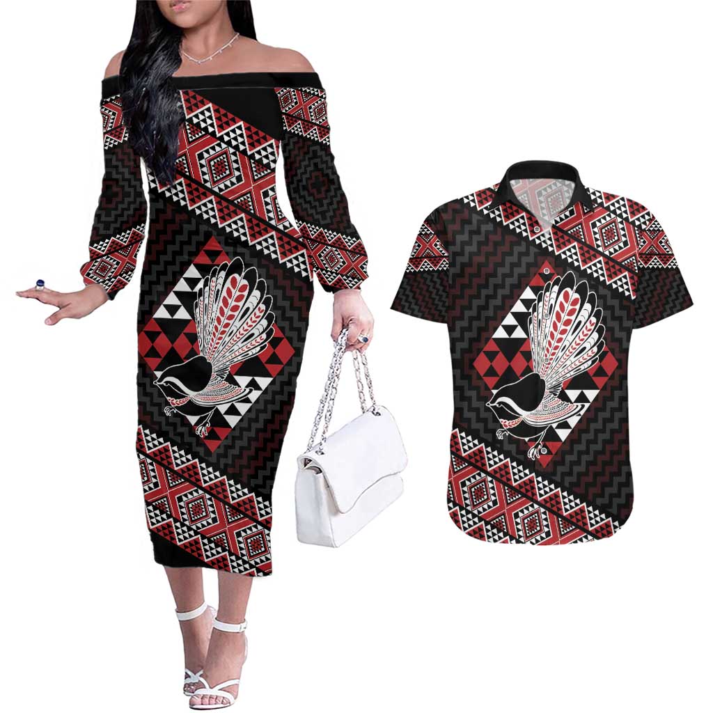 Taniko Aotearoa Couples Matching Off The Shoulder Long Sleeve Dress and Hawaiian Shirt Poutama Mix Piwakawaka LT7 Red - Polynesian Pride