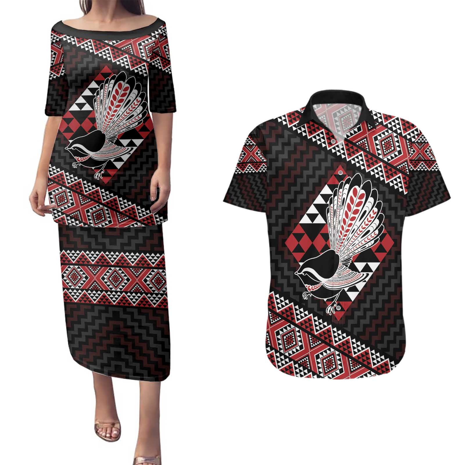 Taniko Aotearoa Couples Matching Puletasi and Hawaiian Shirt Poutama Mix Piwakawaka LT7 Red - Polynesian Pride