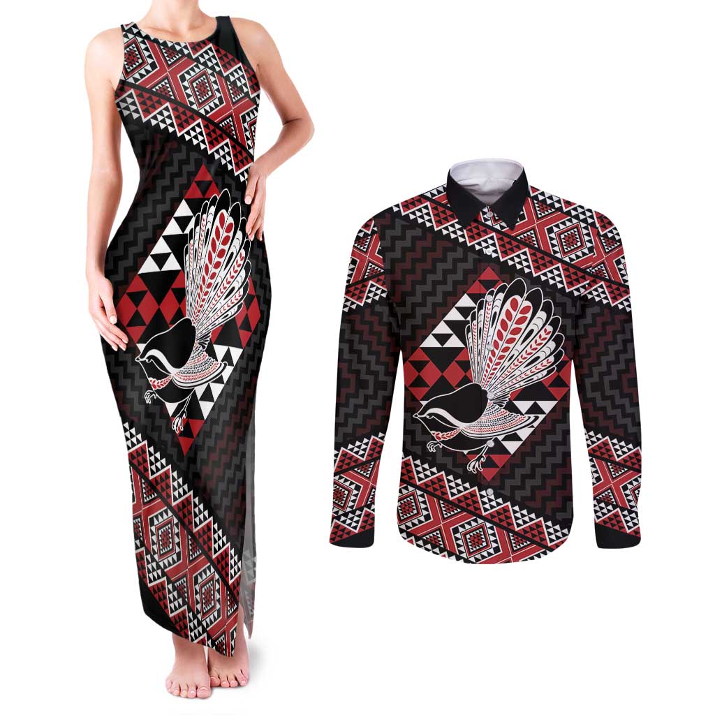 Taniko Aotearoa Couples Matching Tank Maxi Dress and Long Sleeve Button Shirt Poutama Mix Piwakawaka LT7 Red - Polynesian Pride