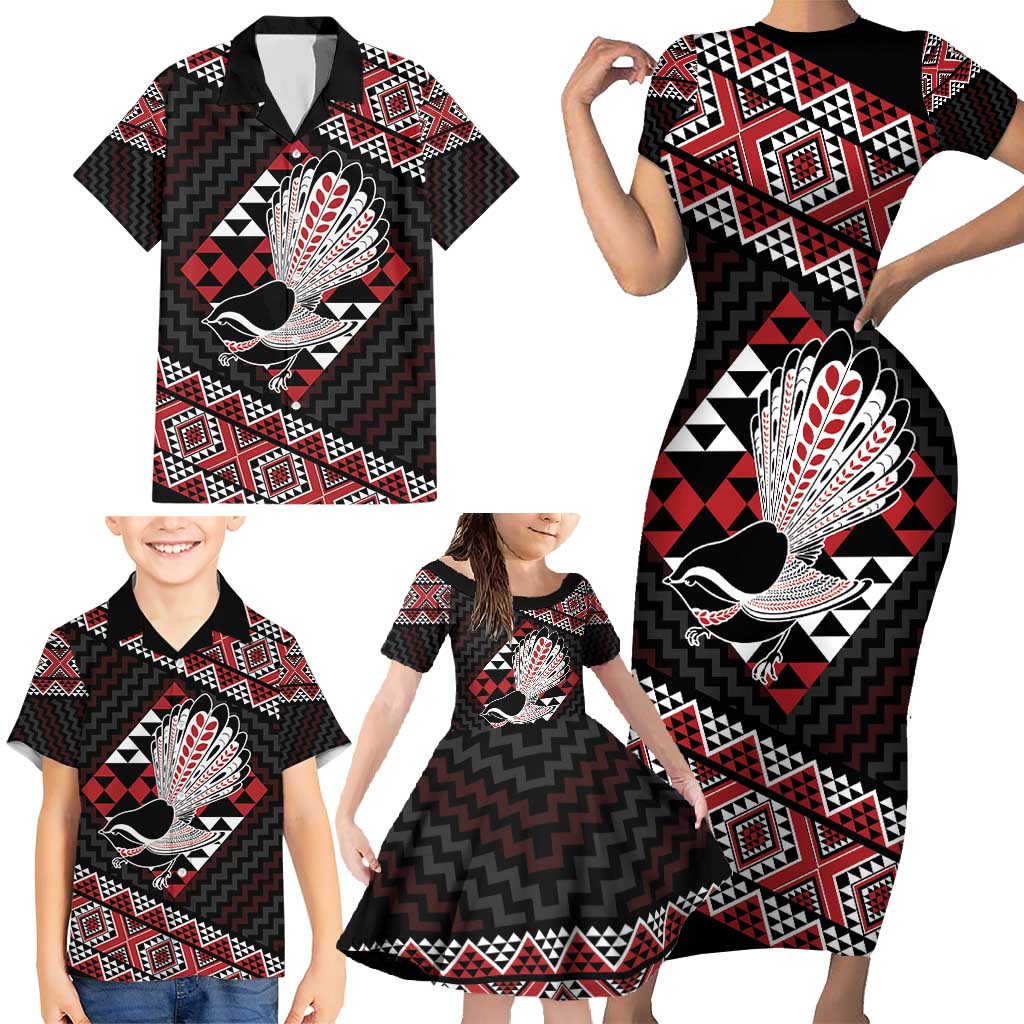 Taniko Aotearoa Family Matching Short Sleeve Bodycon Dress and Hawaiian Shirt Poutama Mix Piwakawaka