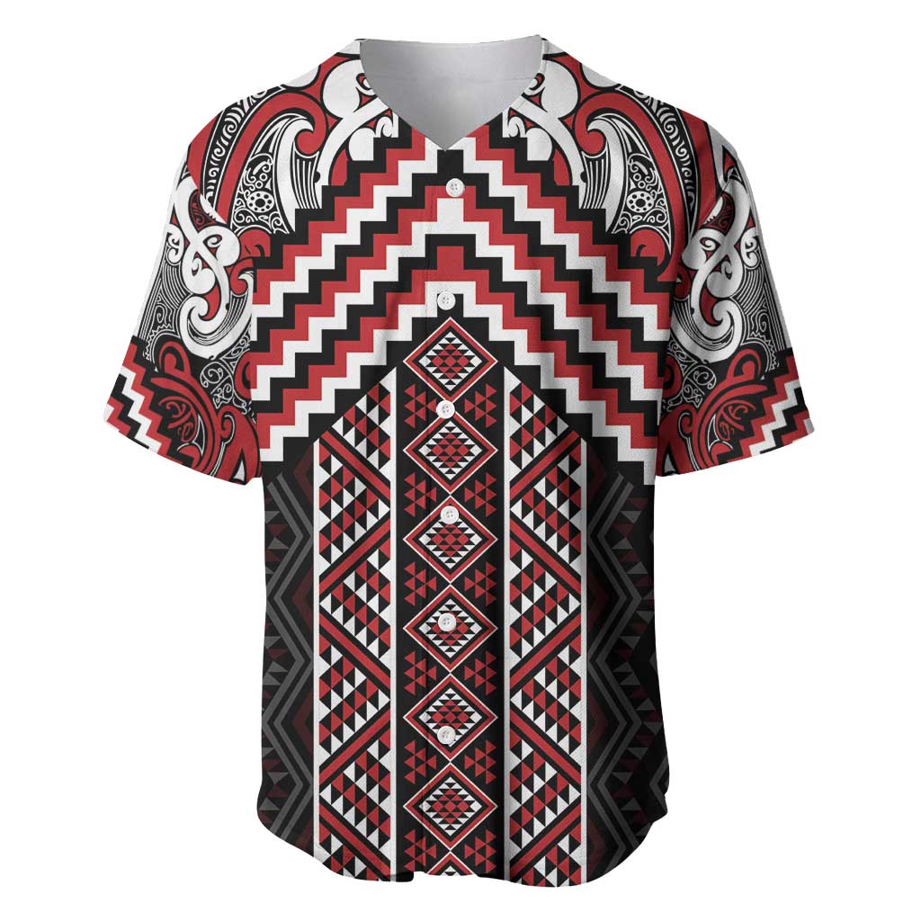 Maori Tukutuku Taniko Motifs Baseball Jersey Red Poutama Mix Kowhaiwhai