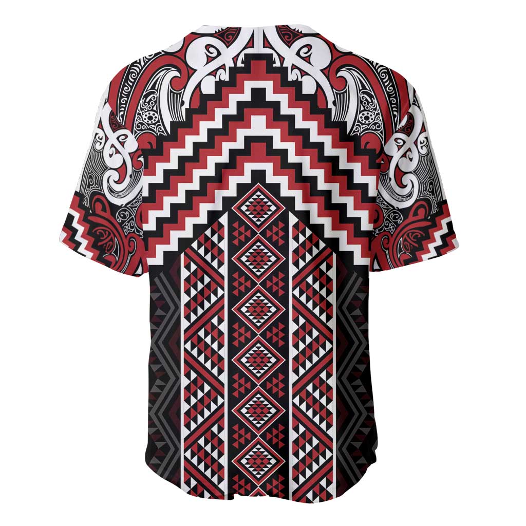 Maori Tukutuku Taniko Motifs Baseball Jersey Red Poutama Mix Kowhaiwhai