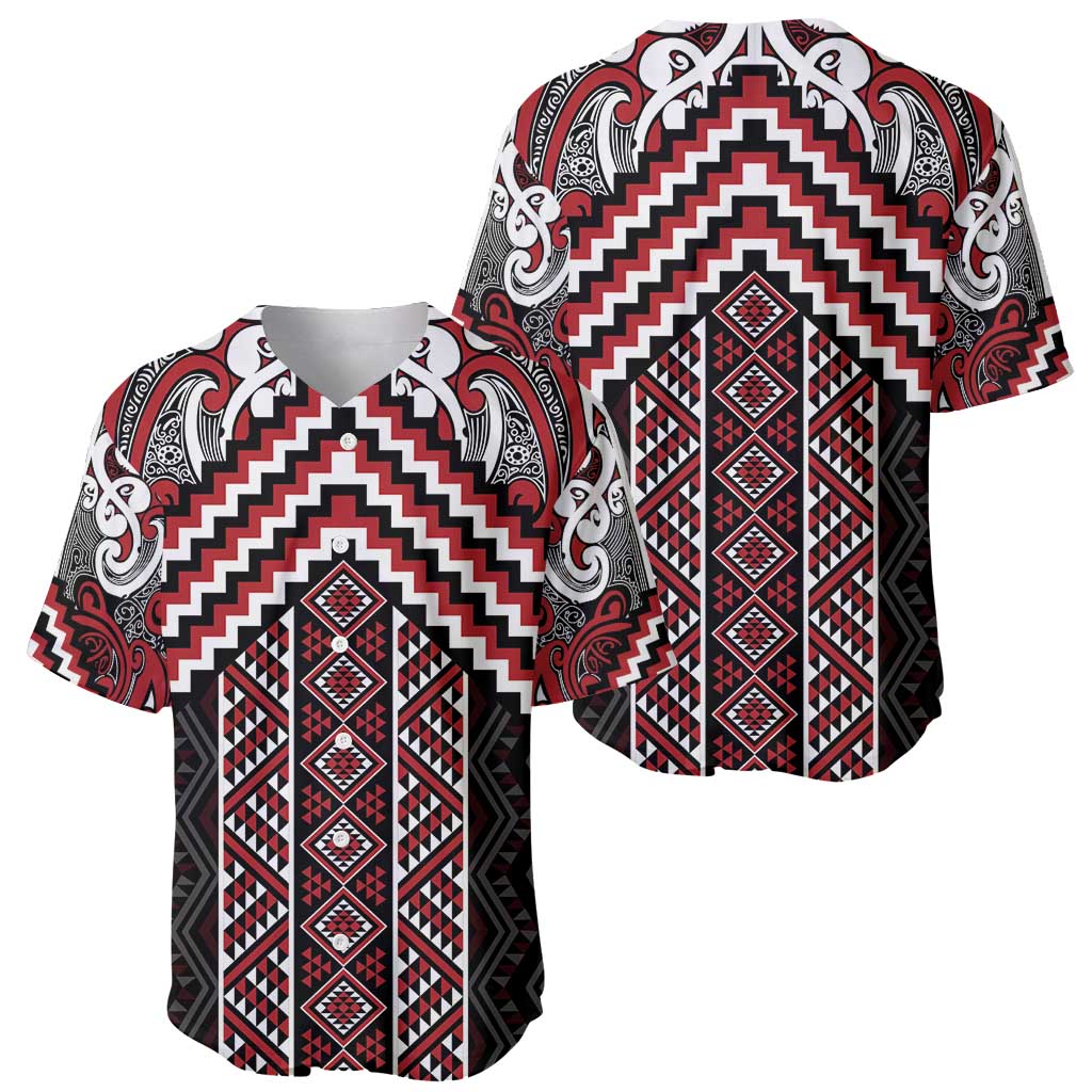 Maori Tukutuku Taniko Motifs Baseball Jersey Red Poutama Mix Kowhaiwhai