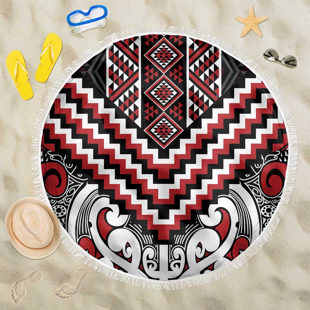 Maori Tukutuku Taniko Motifs Beach Blanket Red Poutama Mix Kowhaiwhai