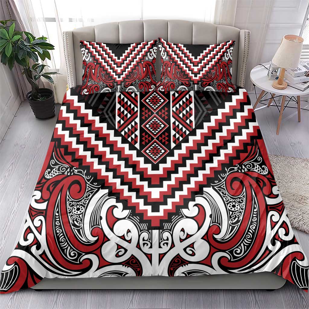 Maori Tukutuku Taniko Motifs Bedding Set Red Poutama Mix Kowhaiwhai