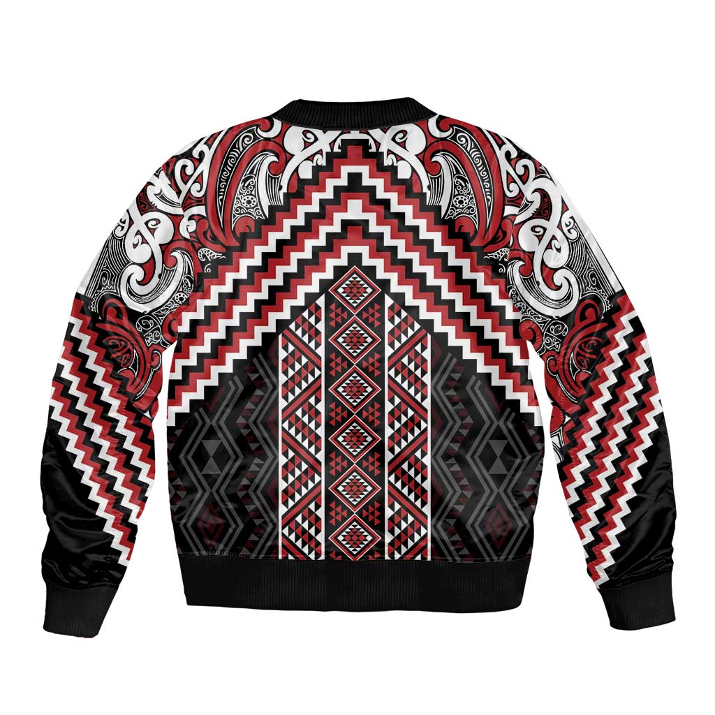 Maori Tukutuku Taniko Motifs Bomber Jacket Red Poutama Mix Kowhaiwhai