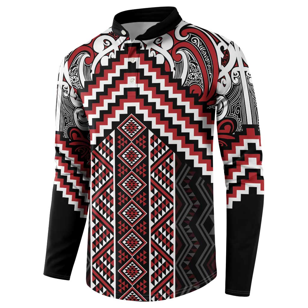 Maori Tukutuku Taniko Motifs Button Sweatshirt Red Poutama Mix Kowhaiwhai LT7 - Polynesian Pride