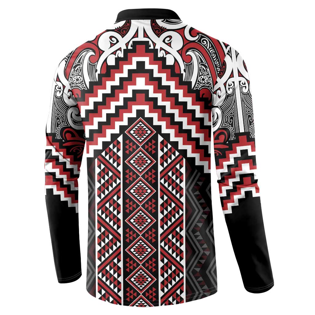 Maori Tukutuku Taniko Motifs Button Sweatshirt Red Poutama Mix Kowhaiwhai LT7 - Polynesian Pride