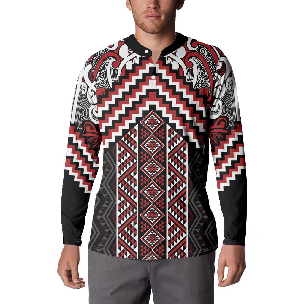Maori Tukutuku Taniko Motifs Button Sweatshirt Red Poutama Mix Kowhaiwhai LT7 - Polynesian Pride