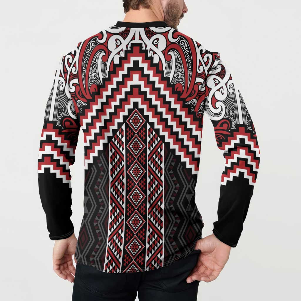 Maori Tukutuku Taniko Motifs Button Sweatshirt Red Poutama Mix Kowhaiwhai LT7 - Polynesian Pride