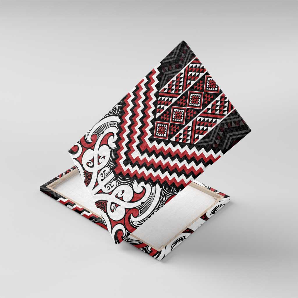 Maori Tukutuku Taniko Motifs Canvas Wall Art Red Poutama Mix Kowhaiwhai LT7 With Frame Red - Polynesian Pride