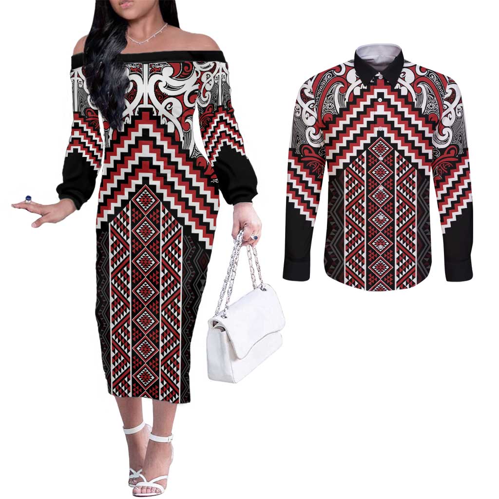 Maori Tukutuku Taniko Motifs Couples Matching Off The Shoulder Long Sleeve Dress and Long Sleeve Button Shirt Red Poutama Mix Kowhaiwhai