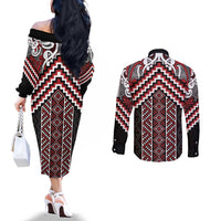 Maori Tukutuku Taniko Motifs Couples Matching Off The Shoulder Long Sleeve Dress and Long Sleeve Button Shirt Red Poutama Mix Kowhaiwhai