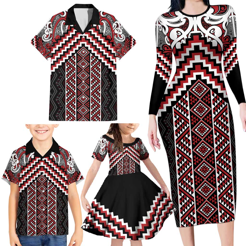 Maori Tukutuku Taniko Motifs Family Matching Long Sleeve Bodycon Dress and Hawaiian Shirt Red Poutama Mix Kowhaiwhai