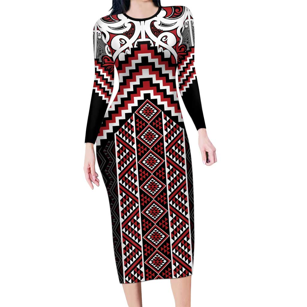 Maori Tukutuku Taniko Motifs Family Matching Long Sleeve Bodycon Dress and Hawaiian Shirt Red Poutama Mix Kowhaiwhai