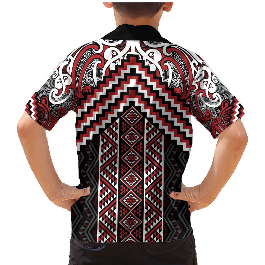 Maori Tukutuku Taniko Motifs Family Matching Mermaid Dress and Hawaiian Shirt Red Poutama Mix Kowhaiwhai