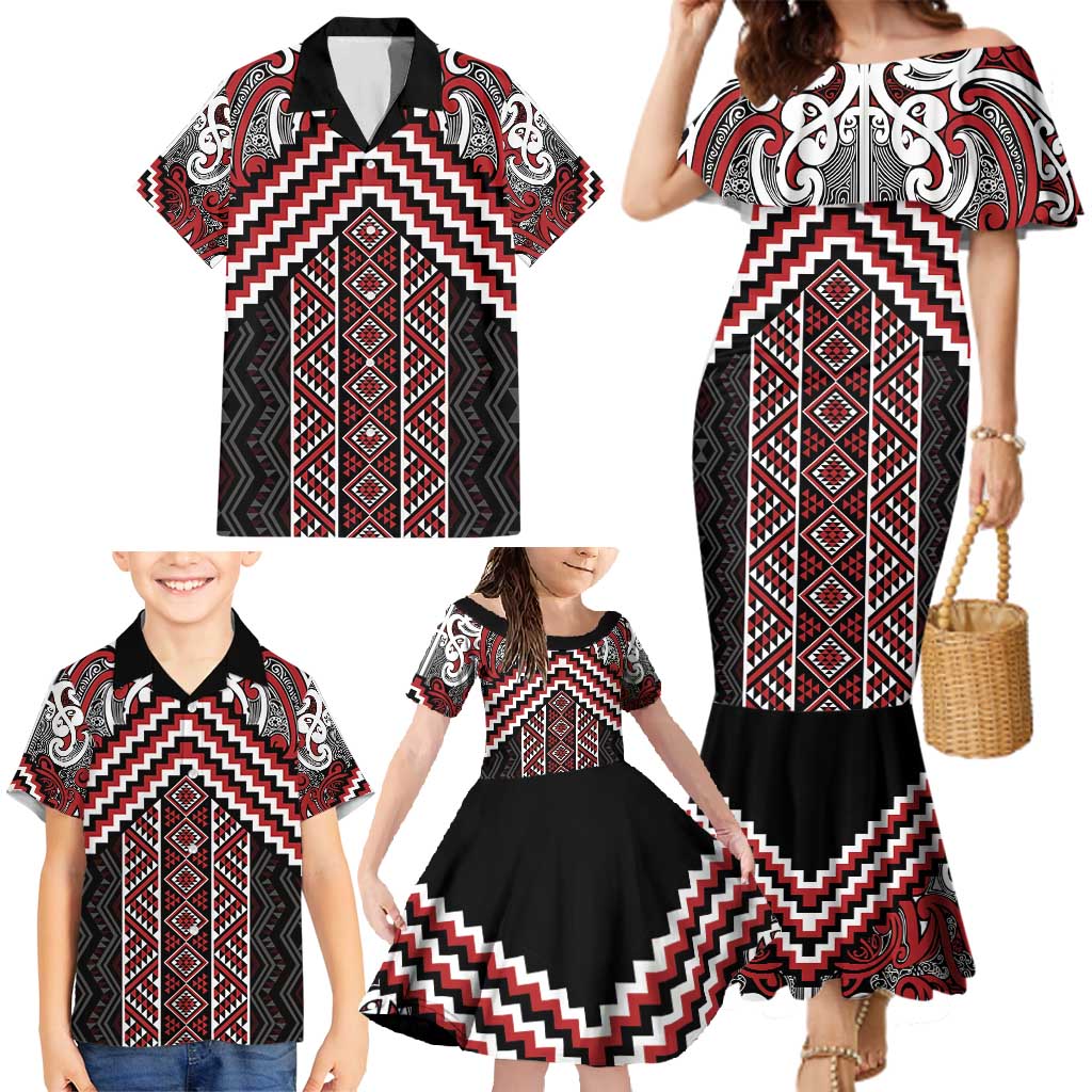 Maori Tukutuku Taniko Motifs Family Matching Mermaid Dress and Hawaiian Shirt Red Poutama Mix Kowhaiwhai