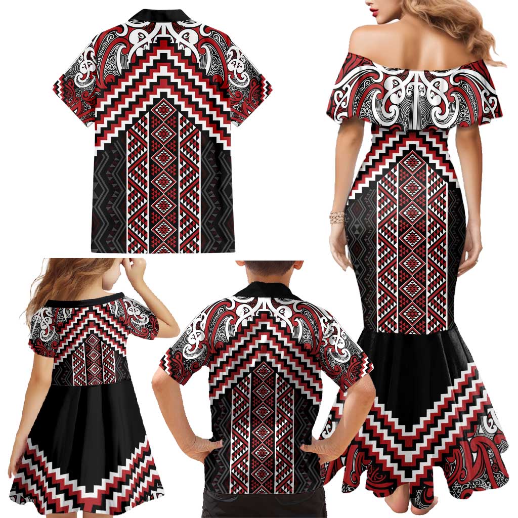 Maori Tukutuku Taniko Motifs Family Matching Mermaid Dress and Hawaiian Shirt Red Poutama Mix Kowhaiwhai