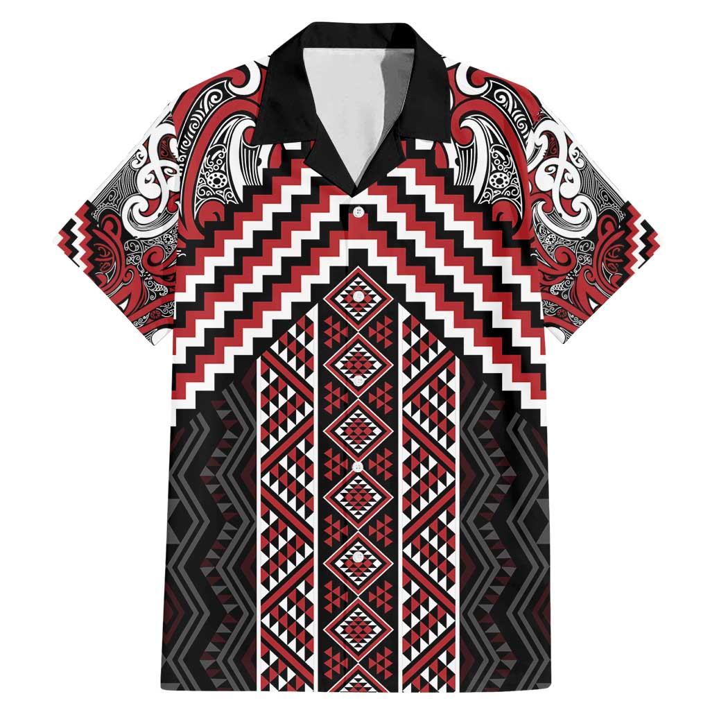 Maori Tukutuku Taniko Motifs Family Matching Mermaid Dress and Hawaiian Shirt Red Poutama Mix Kowhaiwhai