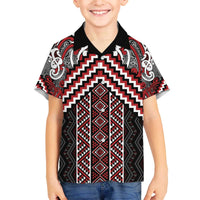 Maori Tukutuku Taniko Motifs Family Matching Off The Shoulder Long Sleeve Dress and Hawaiian Shirt Red Poutama Mix Kowhaiwhai
