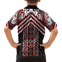 Maori Tukutuku Taniko Motifs Family Matching Off Shoulder Maxi Dress and Hawaiian Shirt Red Poutama Mix Kowhaiwhai