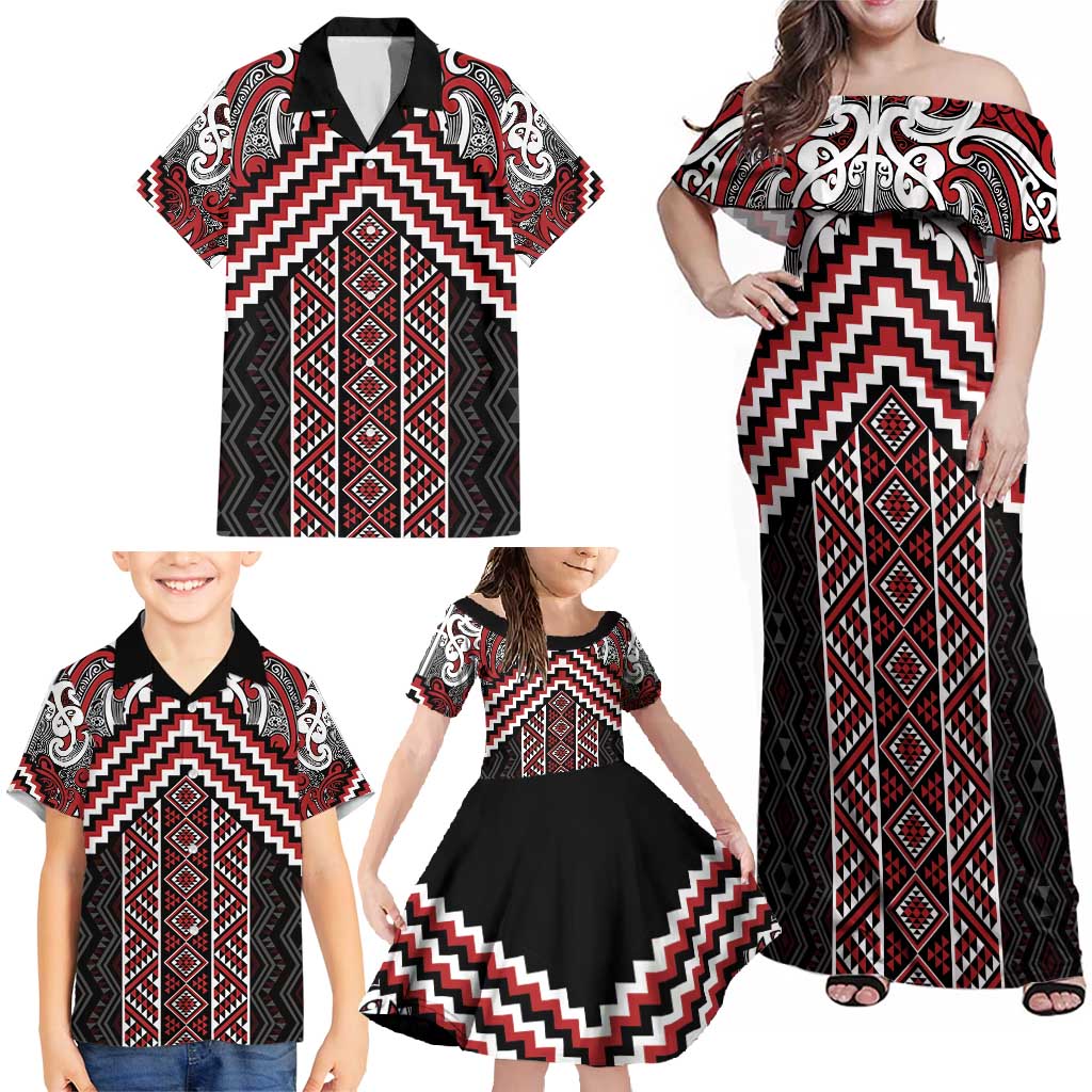 Maori Tukutuku Taniko Motifs Family Matching Off Shoulder Maxi Dress and Hawaiian Shirt Red Poutama Mix Kowhaiwhai