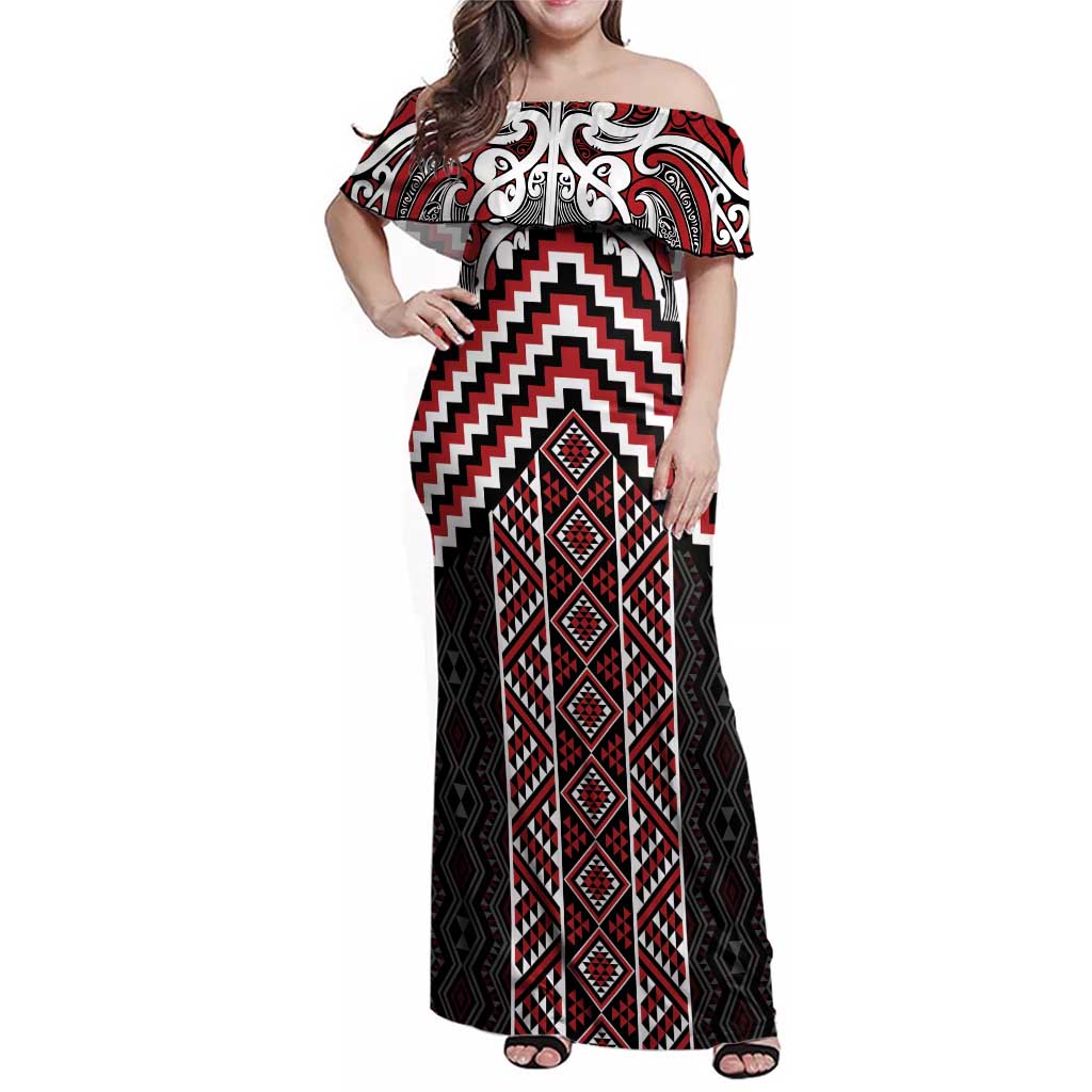 Maori Tukutuku Taniko Motifs Family Matching Off Shoulder Maxi Dress and Hawaiian Shirt Red Poutama Mix Kowhaiwhai