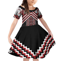 Maori Tukutuku Taniko Motifs Family Matching Off Shoulder Short Dress and Hawaiian Shirt Red Poutama Mix Kowhaiwhai