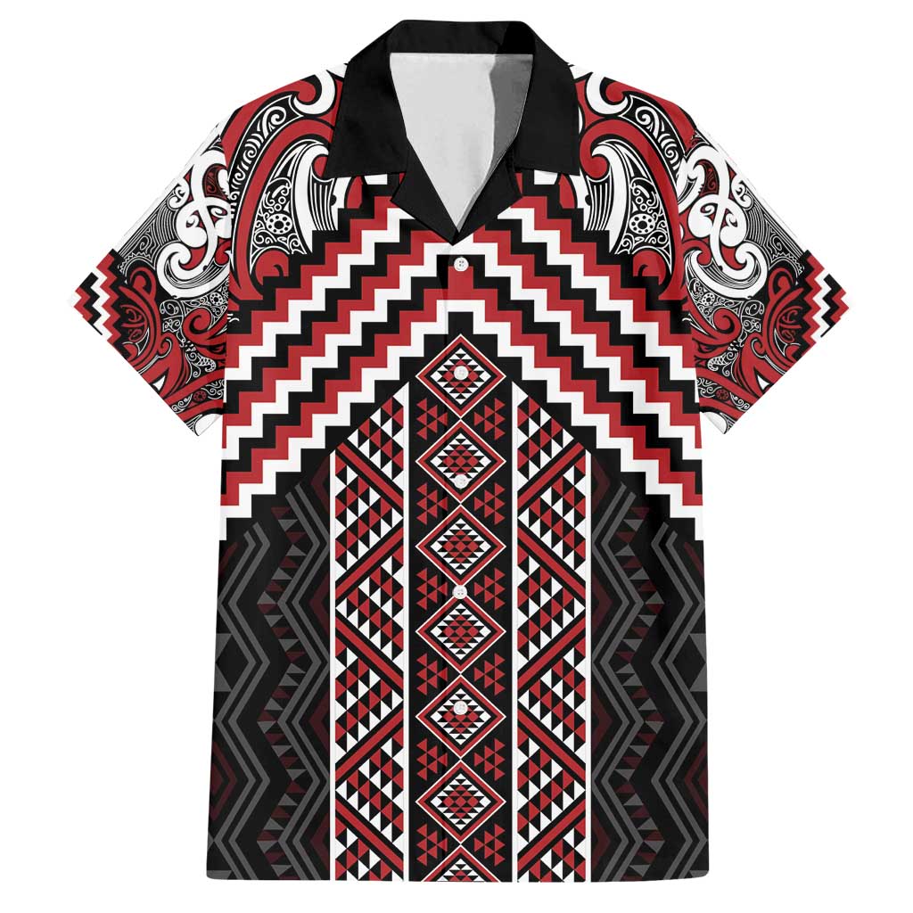 Maori Tukutuku Taniko Motifs Family Matching Puletasi and Hawaiian Shirt Red Poutama Mix Kowhaiwhai